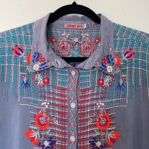 Johnny Was silk embroidered blouse women’s medium grey long sleeve button down - Picture 8 of 12